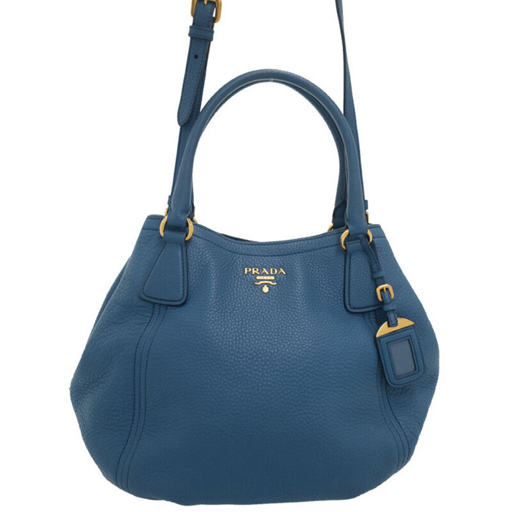 Prada Daino Vitello Shoulder pebbled bag Tote blue 2way Bag leather - Picture 2 of 9